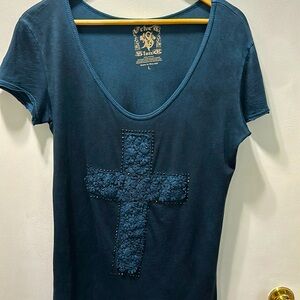 Velvet Stone teal-colored cap sleeve t-shirt. Cross w/rhinestones on front